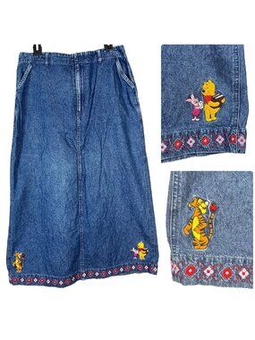 Disney Pooh Piglet Womens Denim Skirt size Large Embroidered Hem Blue Jean Slit